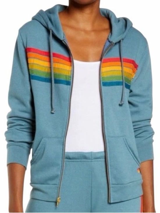 Aviator Nation Jackets & Blazers - Aviator Nation Light Blue Zip Hoodie with Rainbow Chest Stripes